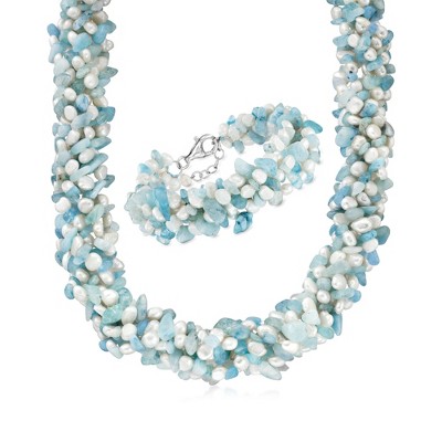 Ross-Simons Aquamarine Bead and 5-6mm Cultured Pearl Torsade Necklace With Free Bracelet Size 18