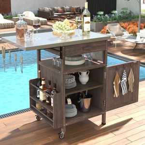 YOOCOZZ Outdoor Fir Wood Rolling Grill Cart with Stainless Steel Top, Drop Leaf and Large Storage Space - 1 of 4
