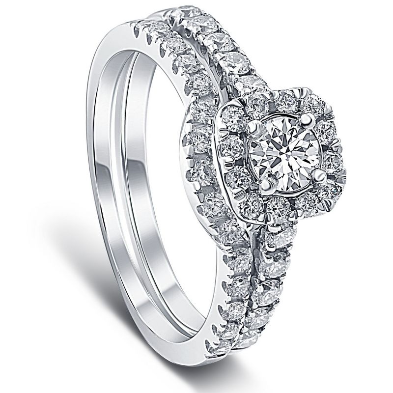 Pompeii3 1 1/4Ct Cushion Halo Diamond Engagement Matching Wedding Ring Set 14K White Gold, 4 of 6