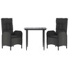 vidaXL 3 Piece Patio Dining Set with Cushions - Black Poly Rattan Garden Reclining Chairs and Tempered Glass Table, Outdoor Lounge Furniture - 3 of 4