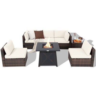 Tangkula 7PCS Rattan Patio Sectional Furniture Set w/ 30" Fire Pit Table & Cushion