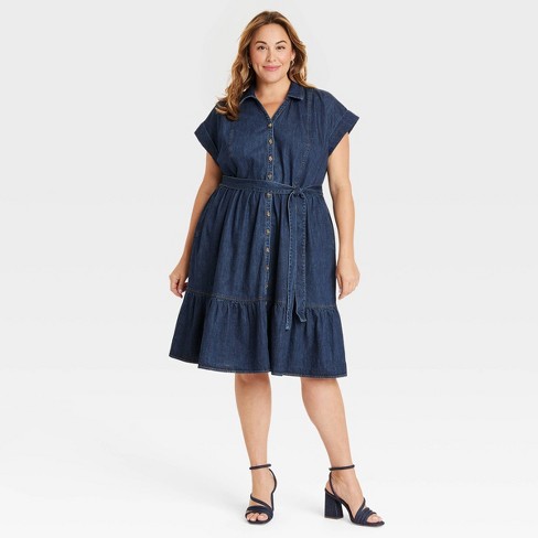 Women s Short Sleeve Denim Tiered Midi A line Dress Ava Viv Dark Wash 4x Target