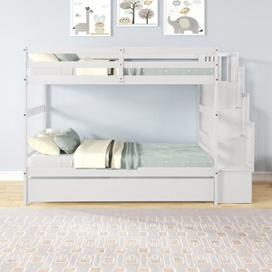 VASIP White Twin over Twin Bunk Bed with Trundle & Stairway Storage - Space-Saving Kids' Bedroom Solution - 1 of 4