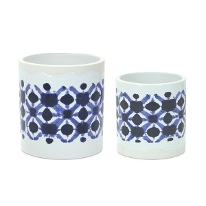 Ceramic Pot Set Of 2 White and Blue 6 Inch Decorative Planter Pots for Indoor or Outdoor Use By Melrose - 1 of 3