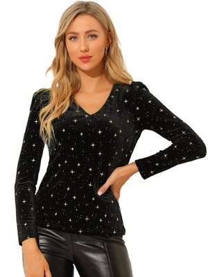 INSPIRE CHIC Women's Velvet V-Neck Long Sleeve Gilding Metallic Shiny Stars Blouse