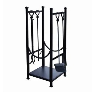 Panacea Firewood Rack Hearth Center with Fireplace Brush, Tong, Shovel, Poker, and Storage Shelf for Indoor and Outdoor Fireplaces, Black - 1 of 4