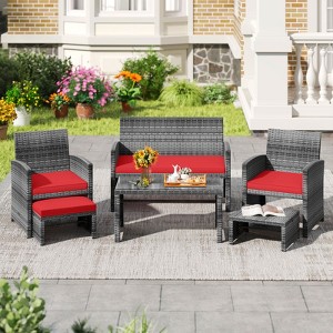 Costway 6PCS Patio Furniture Set Outdoor Sectional Conversation PE Rattan Sofa Set Black/Gray/Navy/Red/White/Turquoise - 1 of 4