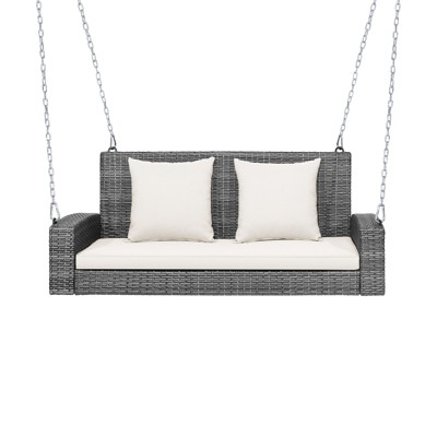 Tangkula Outdoor Porch Swing Bench, Patio Wicker Hanging Swing with Rustproof Chains & Comfortable Cushions Off White/Turquoise/Red/Black