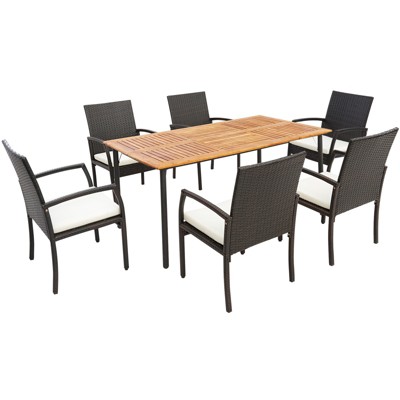 Tangkula 7PCS Wicker Dining Set Cushion Armchairs Acacia Wood Table W/Umbrella Hole Patio
