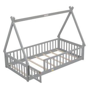 Fontoi Beds, Twin Tent-shaped Floor Bed with Guardrails and Slats, Wood Floor Bed with Fence and Door for Girls and Boys, Gray, 46.5"*59.1"*78.2" - 1 of 4