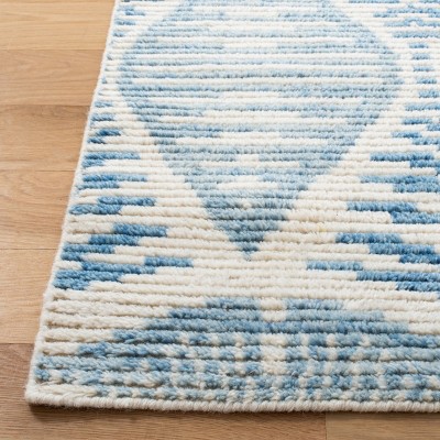 Hand-Knotted Light Blue and Ivory Wool Geometric Area Rug, 8' x 10'