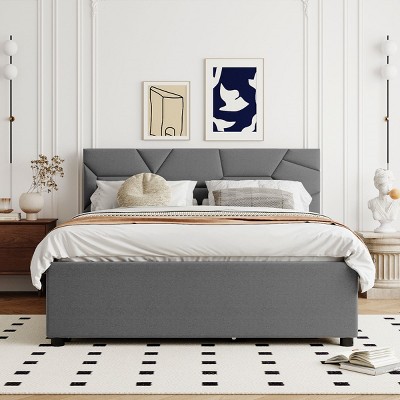 KTMBDW Full/Queen Size Upholstered Platform Bed with Brick Pattern Headboard and Twin Size XL Size Trundle&2 Drawers, No Box Spring Needed