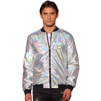 Lars Amadeus Men's Zipper Disco Holographic Bomber Jacket