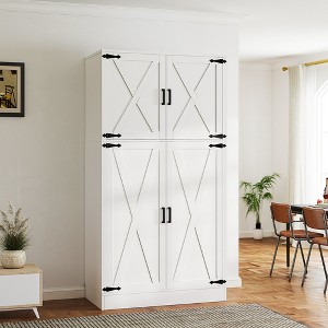 Aheaplus 71" Freestanding Organizer with 4 Barn Doors, Wooden Wardrobe with Adjustable Shelves and Hanging Rails - 1 of 4
