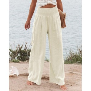 Women Summer High Waisted Cotton Linen Palazzo Pants Wide Leg Long Lounge Pant Trousers with Pocket - 1 of 3