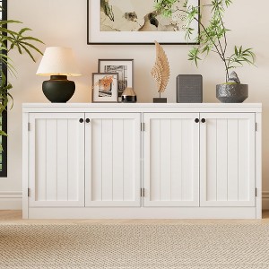63" Buffet Sideboard with 4 Striped Door, Wooden Buffet Cabinet with Storage, Modern Coffee Bar Cabinet - 1 of 4