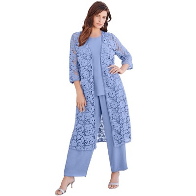 Roaman's Women's Plus Size Petite Lace Duster Pant Set