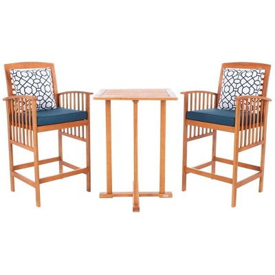 Natural Eucalyptus 3-Piece Bar Height Bistro Set with Navy Cushions