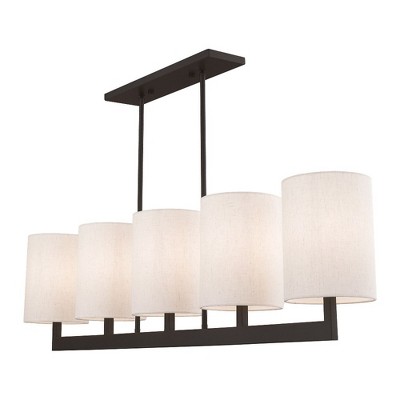 Elegant Bronze Drum 5-Light Linear Chandelier with Oatmeal Shade