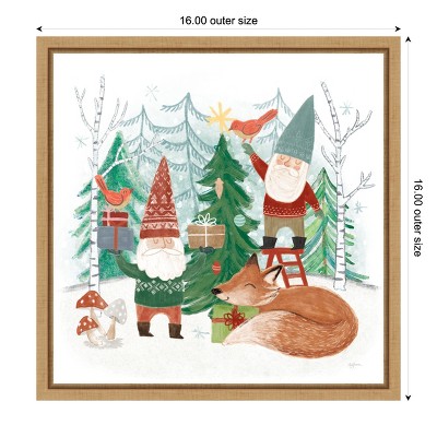 Woodland Gnomes Holiday Canvas Print with Oak Frame
