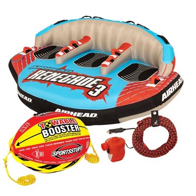 Airhead Renegade 3 Person Inflatable Towable Water Tube Kit with Boat Rope and Pump and SPORTSSTUFF Boat Tubing Towable 4K Booster Ball Towing System