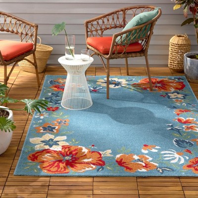 Hibiscus Bloom Light Blue Red Floral Indoor Outdoor Rug