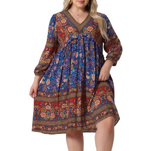 Agnes Orinda Women's Plus Size Boho V Neck 3/4 Sleeve Floral Casual Beach Mini A Line Dress - 1 of 4