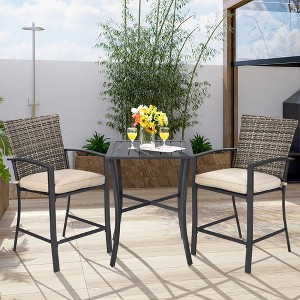 3PCS Patio Rattan Bar Furniture Set Slat Table 2 Cushioned Stools Poolside Gray - 1 of 4