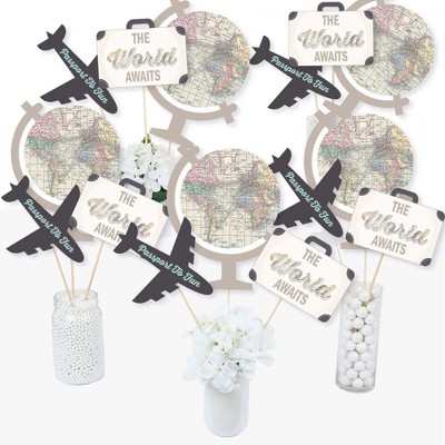 Big Dot of Happiness World Awaits - Travel Themed Party Centerpiece Sticks - Table Toppers - Set of 15