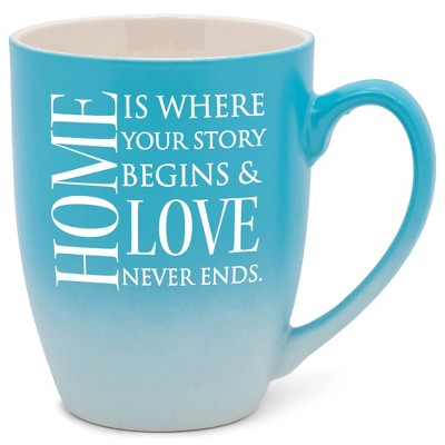 Elanze Designs Home Is Where Your Story Begins & Love Never Ends Two Toned Ombre Matte Pale Blue and White 12 ounce Ceramic Stoneware Coffee Cup Mug