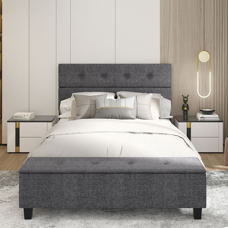 Costway Full Upholstered Bed Frame with Ottoman Storage Linen Button Tufted Headboard, 5 of 11