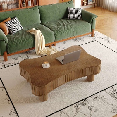 Lift Top MDF Wood Coffee Table with Hidden Storage and Fluted Panels, 42'' Farmhouse Rectangular Coffee Table for Living Room-Coolbibila