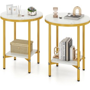 Tangkula 2-Tier Round Side Table Set of 2 16" Faux Marble End Table w/ Storage Shelf - 1 of 4