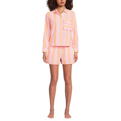 Lands' End Women's Cotton Poplin 2 Piece Pajama Set - Long Sleeve Top and Shorts with Piping