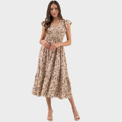 August Sky Women's V-neck Short Sleeves Floral Midi Dress
