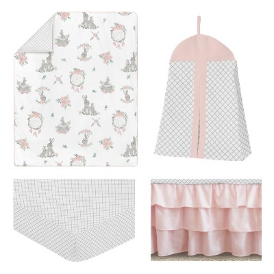Gray and Pink Microfiber Bunny Floral 4-Piece Crib Bedding Set