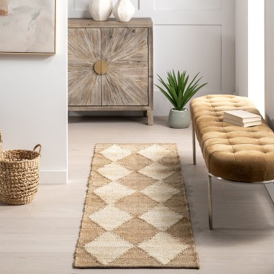 Natural Diamond Checkerboard Flat Woven Jute Runner Rug, 2' x 8'