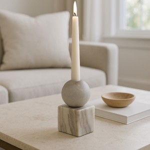 Marble Candle Holder for Taper Candles - Spherical Accent and Square Base - Candlestick Holder for Dining Room, Shelf, or Coffee Table - 1 of 4