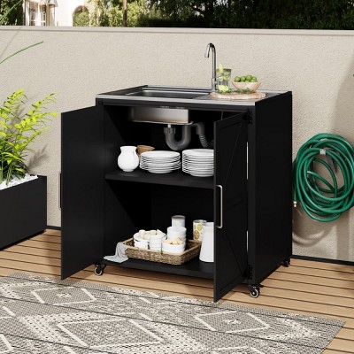 Outdoor Rolling Kitchen Sink Station with Stainless Steel Top and Storage Cabinet, Utility Prep Cart for Garden, or Backyard Cooking-The Pop Home