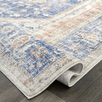 Reversible Vintage Floral Blue Synthetic Area Rug, 5' x 7'
