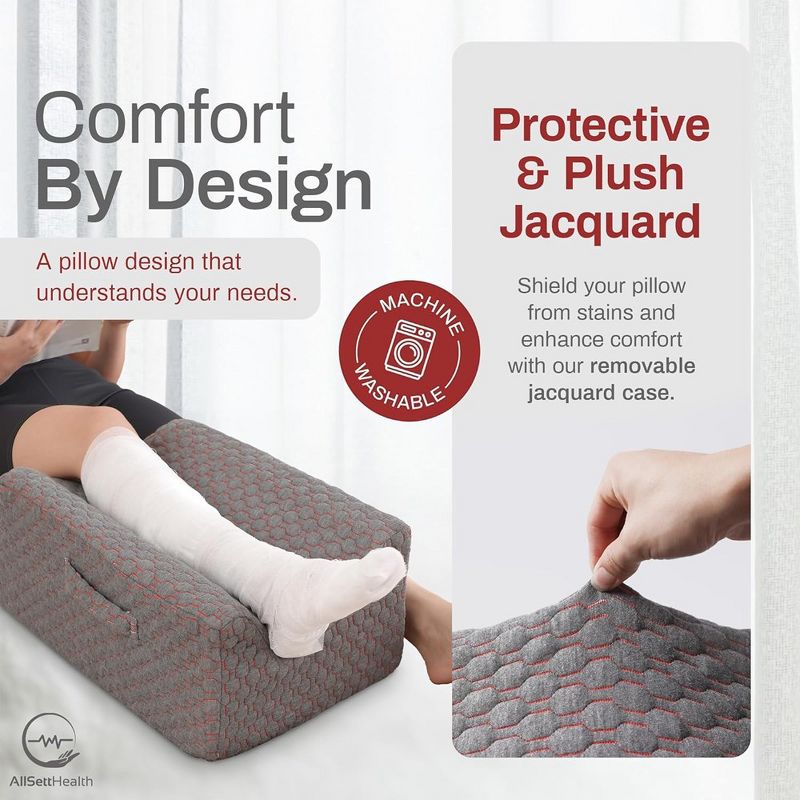 Allsett Health Memory Foam Single Leg Elevation Pillow | Luxurious Jacquard Plush Washable Cover | Post Surgery Support Pillow for Injuries- Grey, 3 of 7