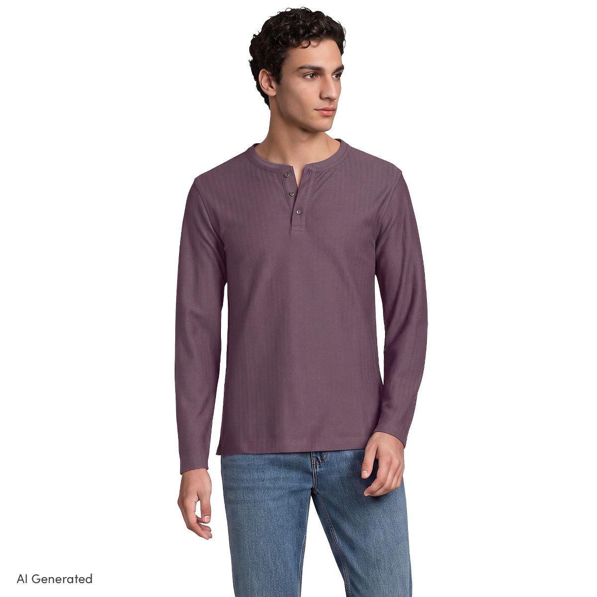 Lands' End Men's Long Sleeve Textured Herringbone Henley