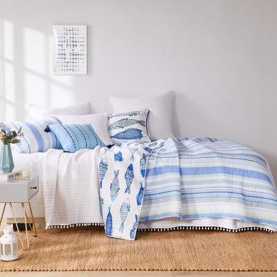 Catalina Blue and Green Cotton Coastal Full/Queen Quilt Set