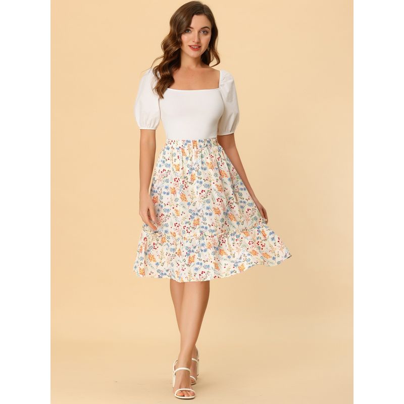 Allegra K Women's Ruffle Hem Elastic Waist Flowy A-Line Swing Floral Midi Skirt, 3 of 7