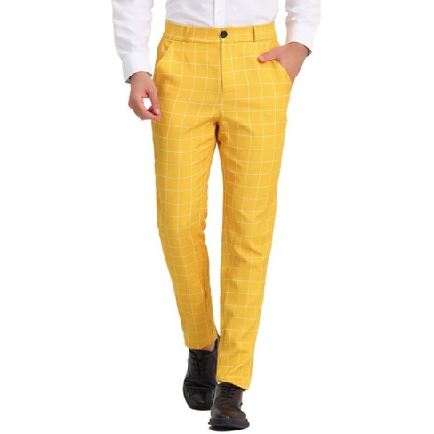 Lars Amadeus Men's Flat Front Unique Plaid Printed Business Dress Pants  Yellow 28