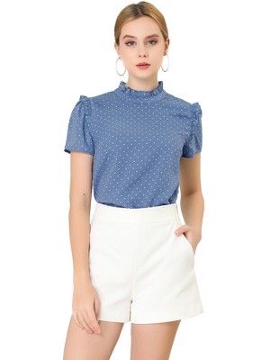 Allegra K Women's Ruffled Retro Short Sleeve Office Polka Dots Blouses