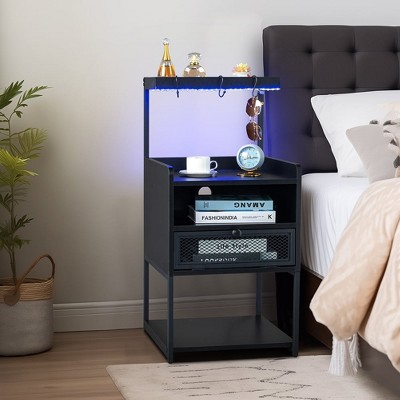 Resenkos Nightstand with Light&Power Outlet, Accent Bedside Table with Solid Wood Legs for Bedroom White Black