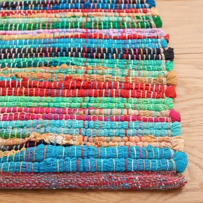 Green and Multicolor Handwoven Cotton Wool Striped Area Rug, 5' x 8'