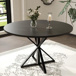 Round Dining Table for 4, 47" Farmhouse Kitchen Table, Circle Dinner Table with Heavy Duty Metal Base, Wood Dining Room Tables - 1 of 4