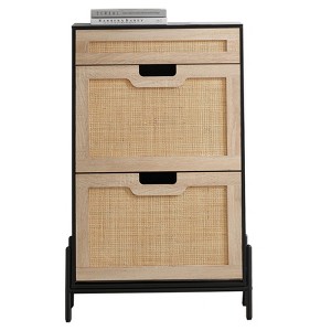 Shoe Storage Cabinet with 2 Flip Drawers and 1 Drawer, Farmhouse Rattan Shoe Rack Cabinet with Adjustable Shelves and Strong Metal Legs for Entryway - 1 of 4
